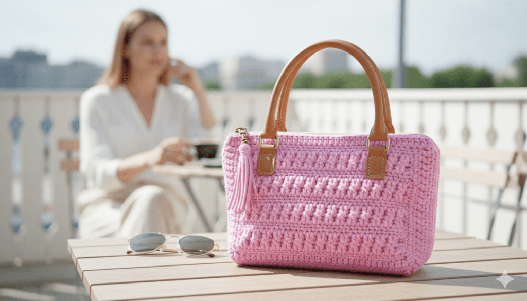 kadın çantası beginner crochet stitch pembe ip ile örgü modeli detay fotoğraf