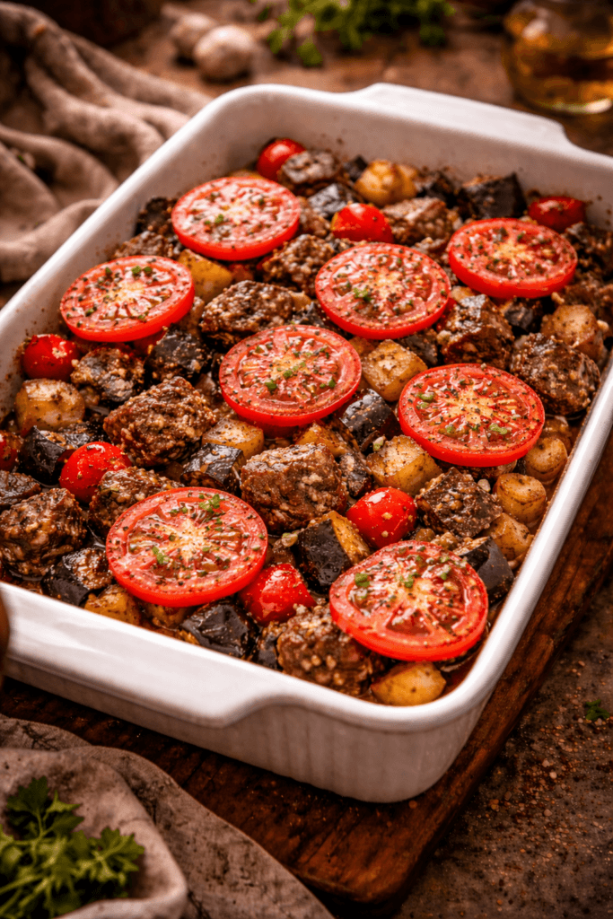 bahçıvan kebabı tarifinde fırın kabındaki yemeğin üzerine dilimlenmiş domates ekleme aşaması sebzeli kebap sunum hazırlığı