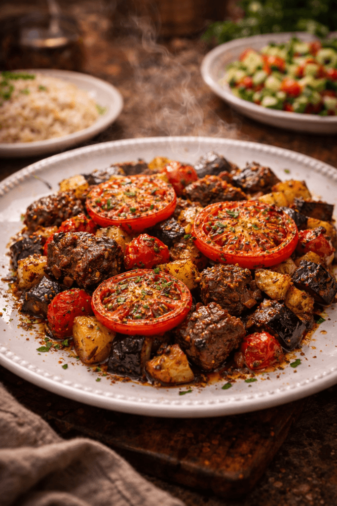 bahçıvan kebabı tarifi servis aşaması sıcak sunum buharlı sebzeli et yemeği nefis akşam yemeği önerisi