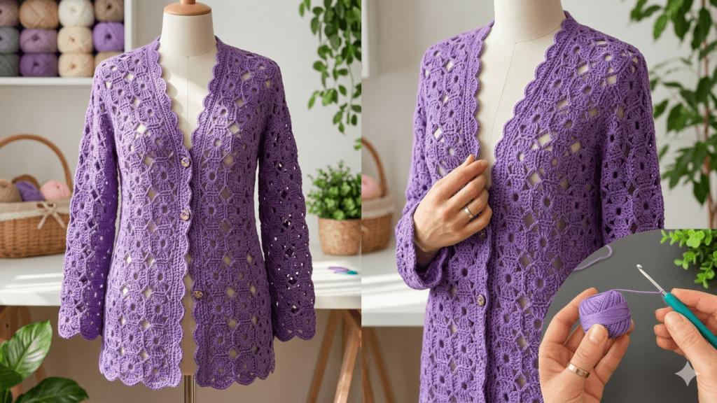 çiçek motifli hırka yelek tığ işi örgü modeli kolay yapım şık ve kullanışlı crochet giyim modeli