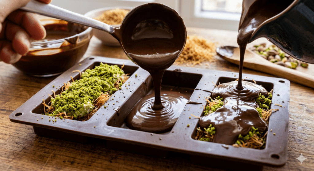 çikolata kalıba dökme kadayıf dolgulu chocolate mold layering pistachio kadayif filling dessert