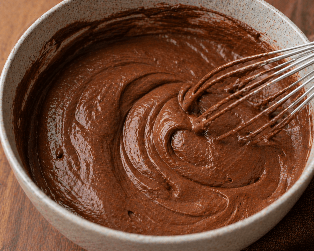 çikolatalı tatlı karıştırma aşaması creamy chocolate dessert mixing process smooth texture