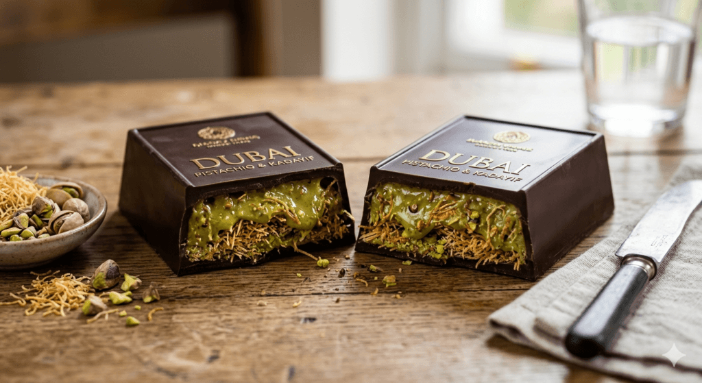 dubai çikolatası kesit görüntü pistachio chocolate kadayif layers luxury dessert presentation