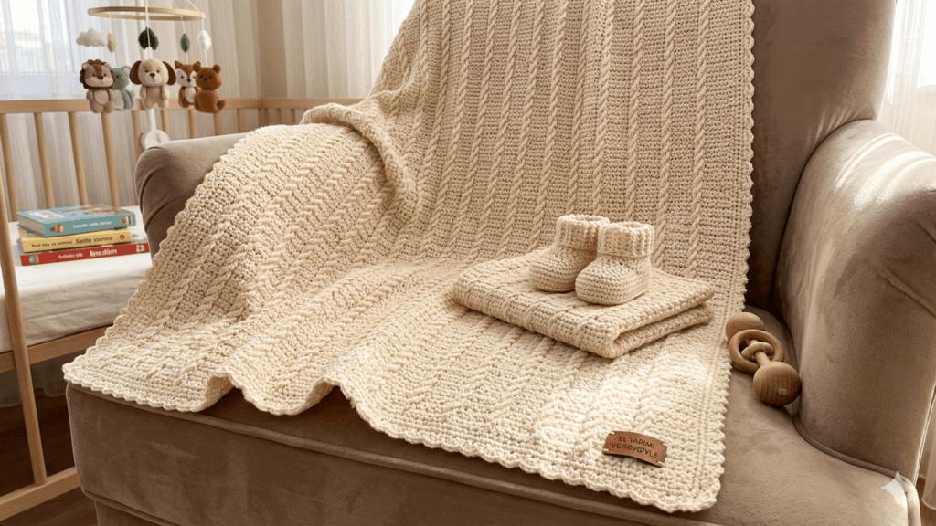 Easy 2 row crochet baby blanket pattern with textured knit look, beginner friendly crochet blanket design, tığ işi bebek battaniyesi modeli kabartmalı örgü deseni