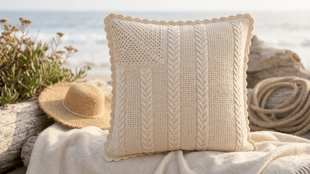 Easy crochet decorative pillow with textured stitch pattern, modern handmade cushion cover for home decor, dekoratif kırlent tığ işi örgü modeli