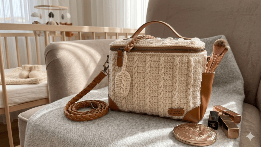 Easy crochet makeup bag with textured stitch pattern and zipper pouch design, beginner friendly handmade cosmetic bag, kadın makyaj çantası tığ işi örgü modeli