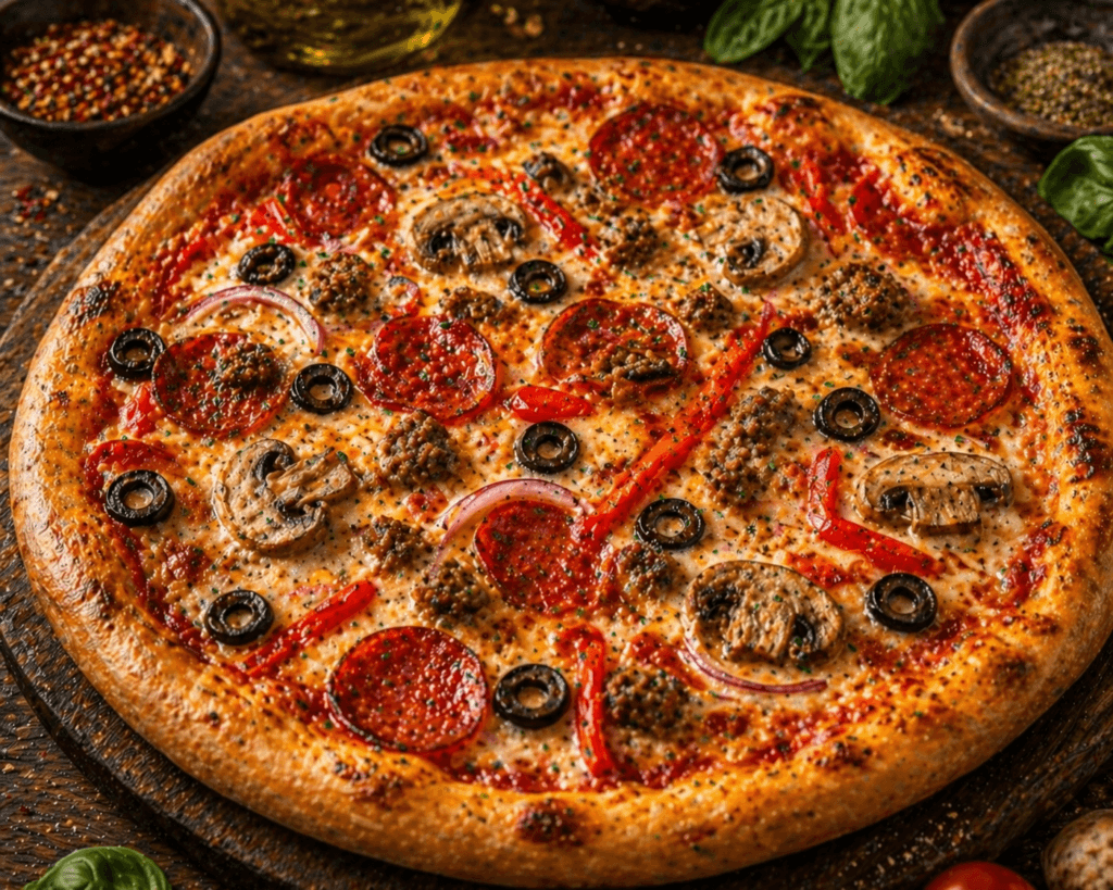 yeni fresh baked italian pizza firindan cikan çıtır crust melted cheese homemade pizza nasıl yapılır final result