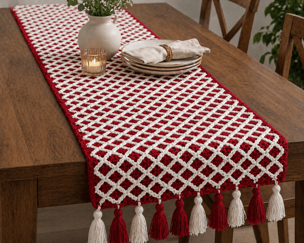 Masa runner tığ işi model, el yapımı crochet table runner, yemek masası dekorasyonu için şık ve modern handmade table decor, kolay örgü masa örtüsü runner nasıl yapılır