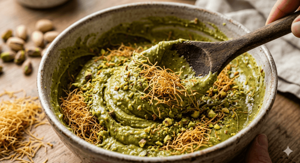 fıstık ezmesi kadayıf karışımı pistachio cream kadayif filling mixture homemade dessert preparation