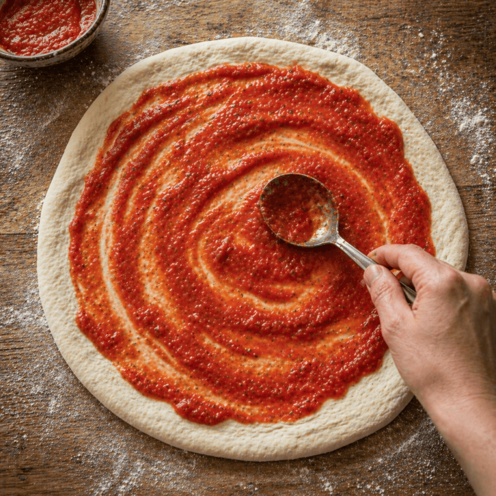 italian pizza sauce nasıl hazırlanır domates sos surme spreading pizza dough üzerine sauce uygulama aşaması