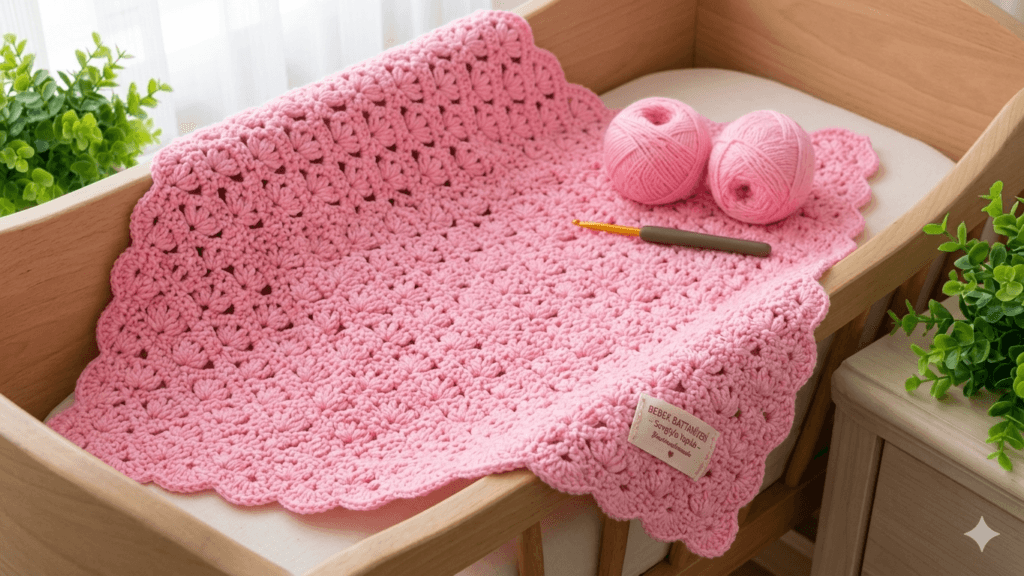 “Soft handmade crochet baby blanket, tığ işi bebek battaniyesi modeli, cozy newborn blanket with detailed stitch pattern, easy crochet baby blanket for beginners, warm and stylish nursery blanket, perfect baby gift idea”