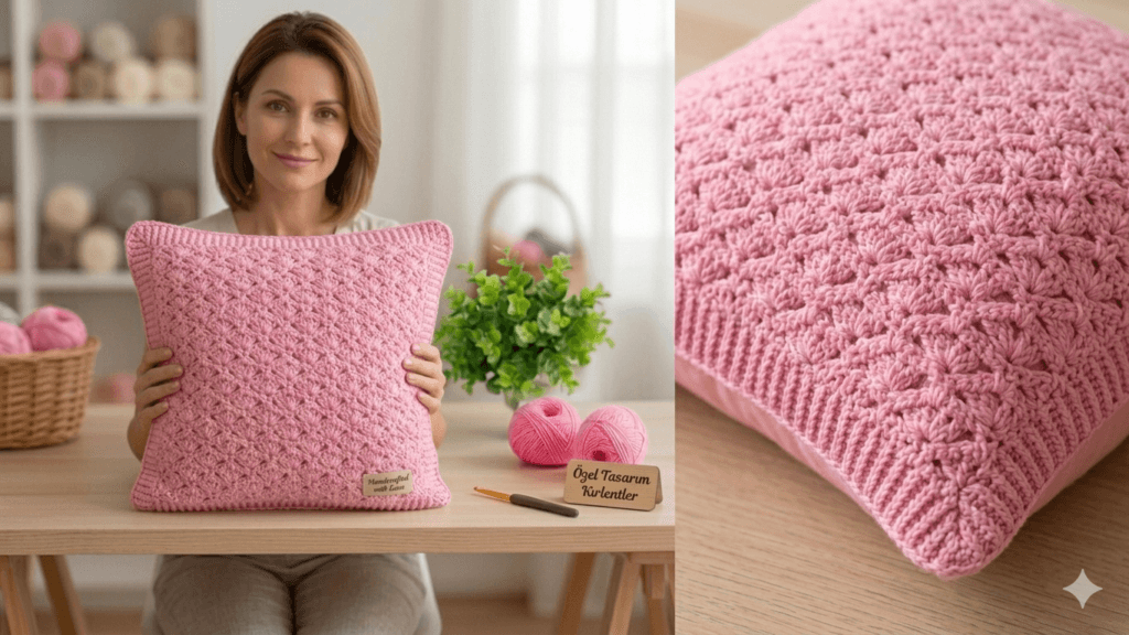 “Stylish handmade crochet decorative pillow, tığ işi kırlent modeli, modern boho crochet pillow cover, textured handmade cushion, perfect home decor accent for living room and sofa, cozy aesthetic design”