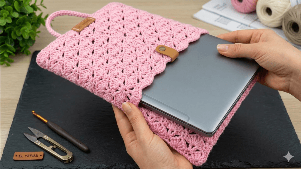 easy crochet laptop bag pattern for beginners, handmade crochet laptop sleeve design, tığ işi diz üstü bilgisayar çantası modeli şık ve dayanıklı örgü laptop kılıfı yapımı