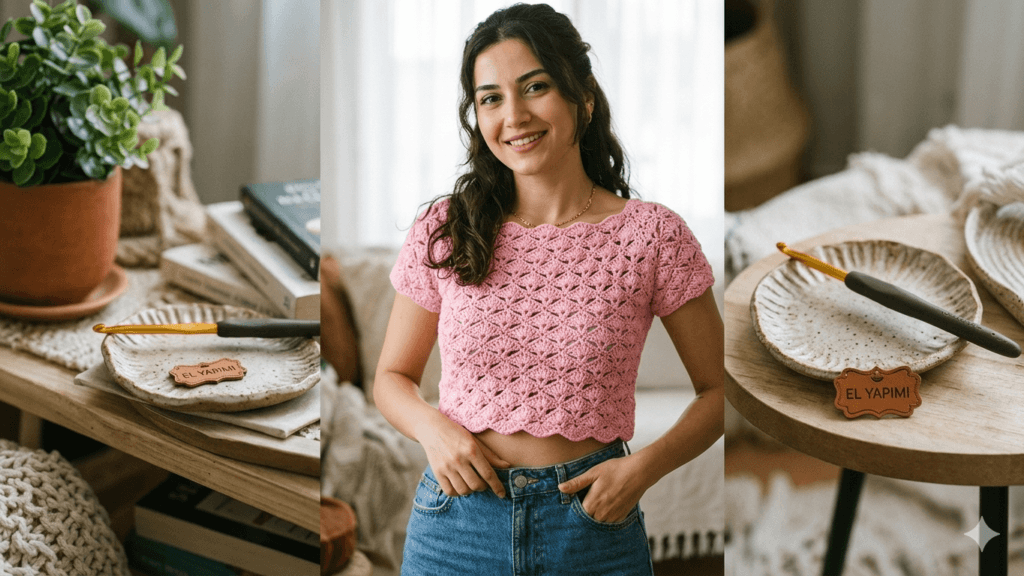 handmade crochet crop top for women summer outfit, easy beginner crochet top pattern, tığ işi kadın crop top modeli yazlık şık örgü üst yapımı