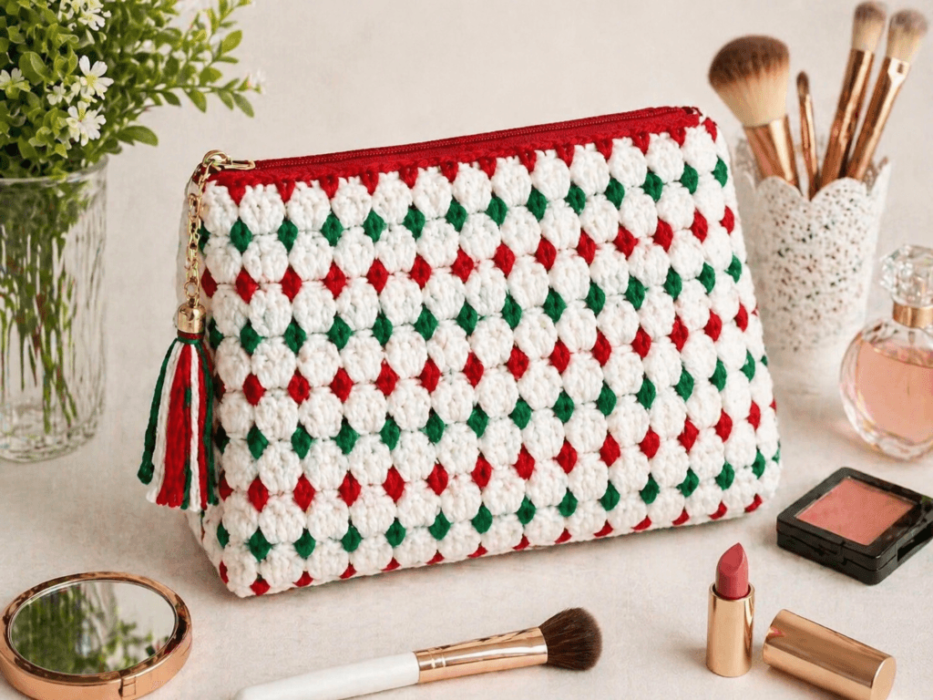 tığ işi kadın makyaj çantası, crochet makeup bag for women, handmade cosmetic pouch, örgü makyaj çantası modeli, günlük kullanım için pratik makyaj çantası, easy crochet cosmetic bag pattern, stylish handmade makeup pouch for beginners