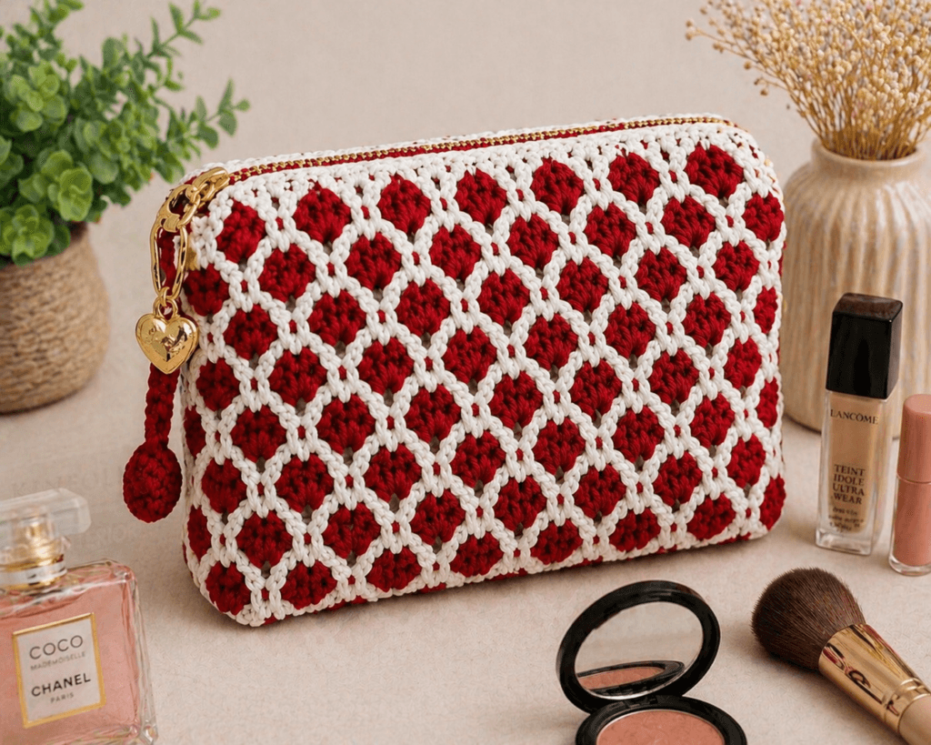 Tığ işi kadın makyaj çantası el yapımı fermuarlı model, crochet makeup bag handmade stylish design, organizer cosmetic pouch, easy crochet pouch pattern