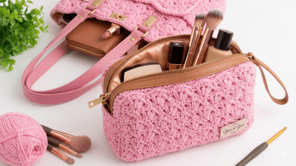 Stylish handmade crochet makeup bag for women, tığ işi kadın makyaj çantası modeli, modern örgü kozmetik çantası, easy crochet cosmetic bag for beginners, zipper pouch with soft yarn texture, perfect daily use organizer