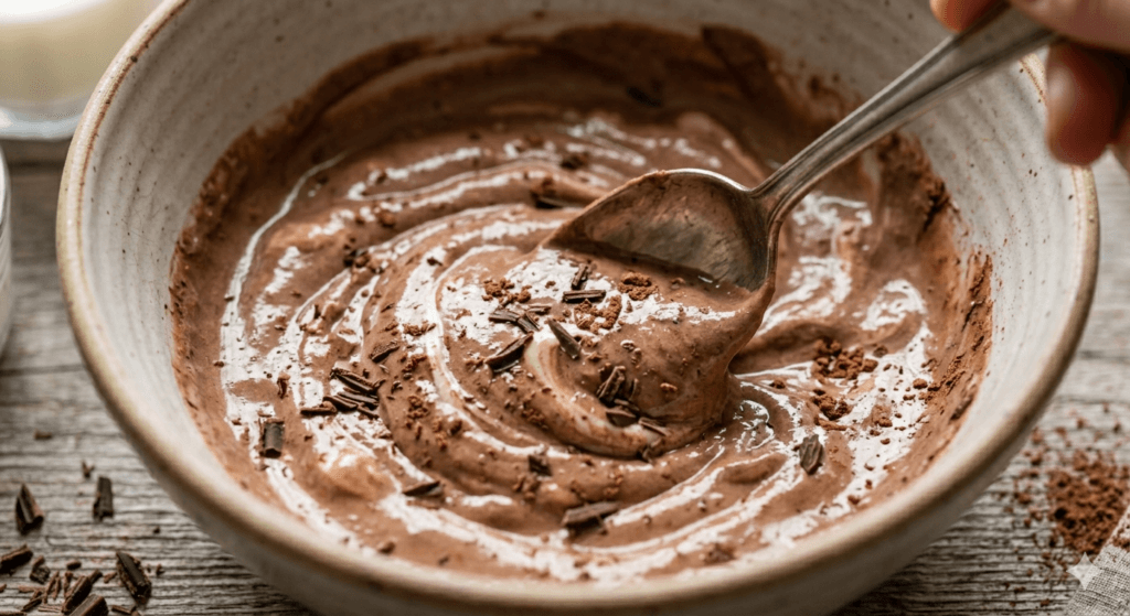 yoğun çikolata kıvamı spoon ile chocolate cream texture thick creamy dessert macro