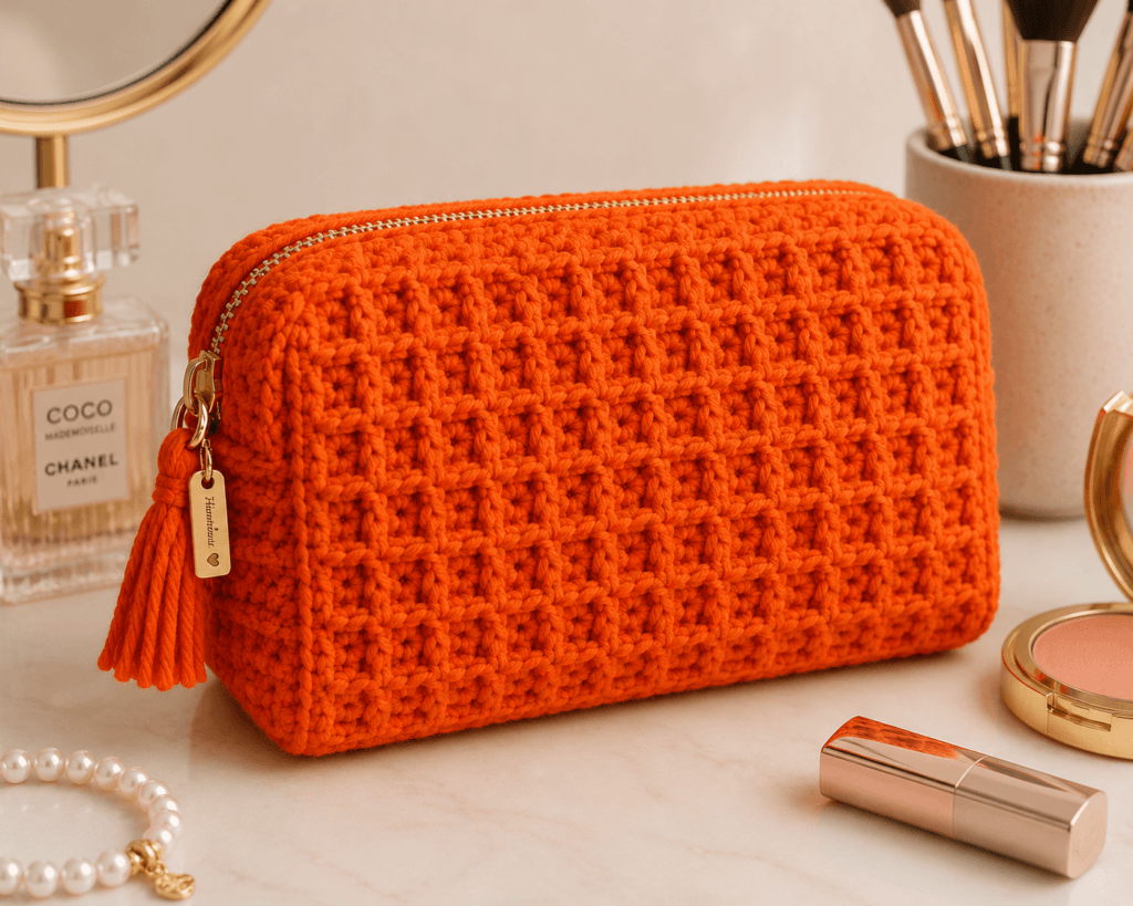 Gösterişli crochet örgü modeli ile yapılmış kadın makyaj çantası