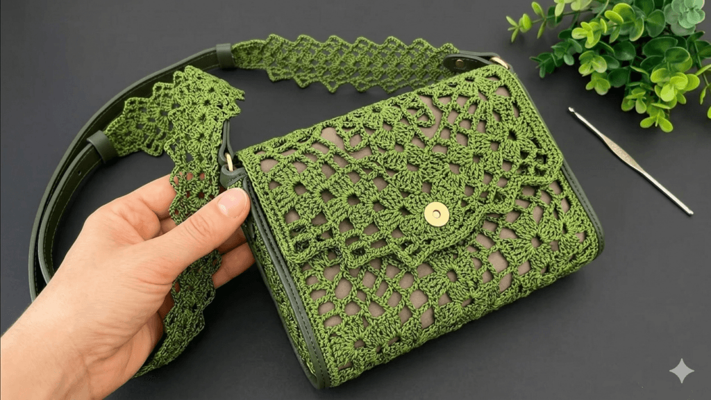 Şık kadın çantası tığ işi örgü modeli modern el yapımı crochet çanta örneği
