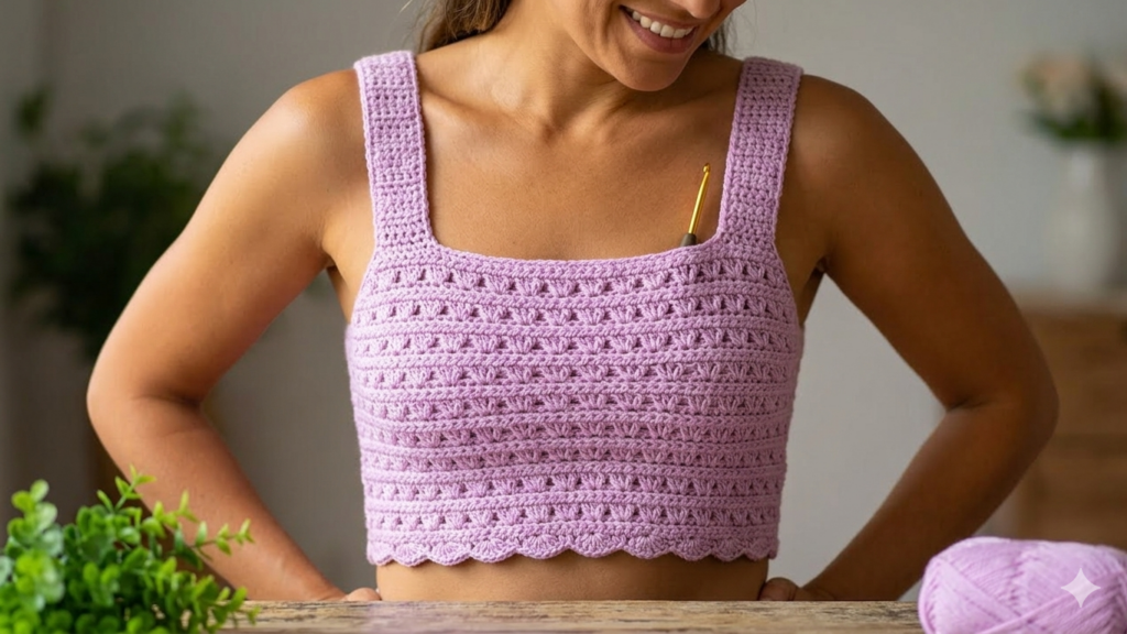 Şık kadın crop top tığ işi örgü modeli modern el yapımı yazlık crochet üst örneği