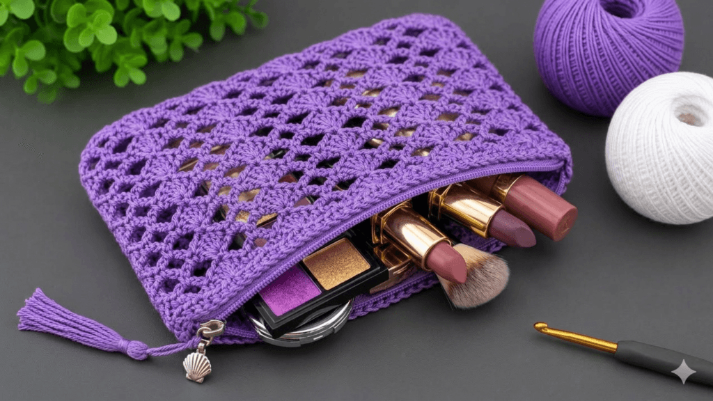 Kadın makyaj çantası crochet modeli ve şık tığ işi makyaj çantası örneği