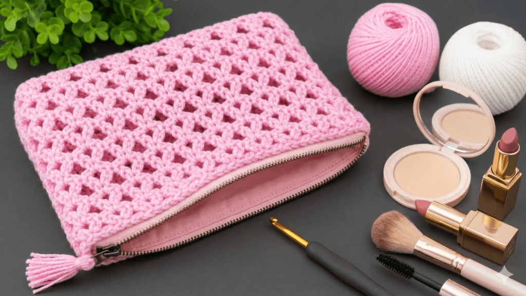 El yapımı şık kadın makyaj çantası crochet modeli, fermuarlı örgü makyaj çantası tasarımı