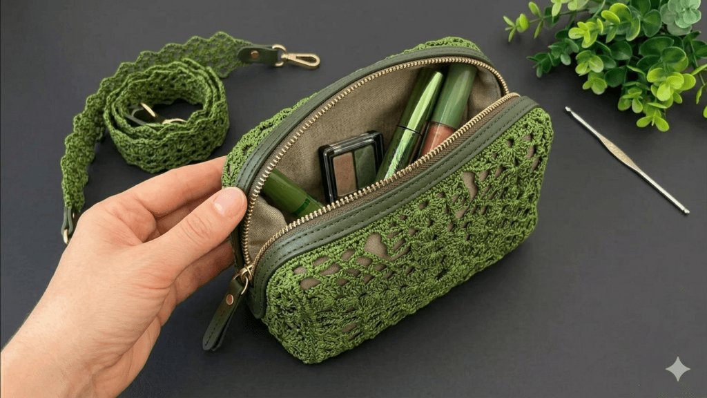 Şık kadın makyaj çantası tığ işi örgü modeli modern el yapımı crochet çanta örneği