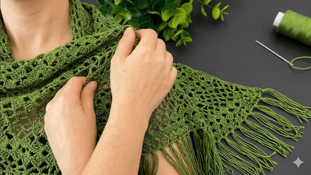 Şık kadın şal tığ işi örgü modeli zarif el yapımı crochet şal örneği