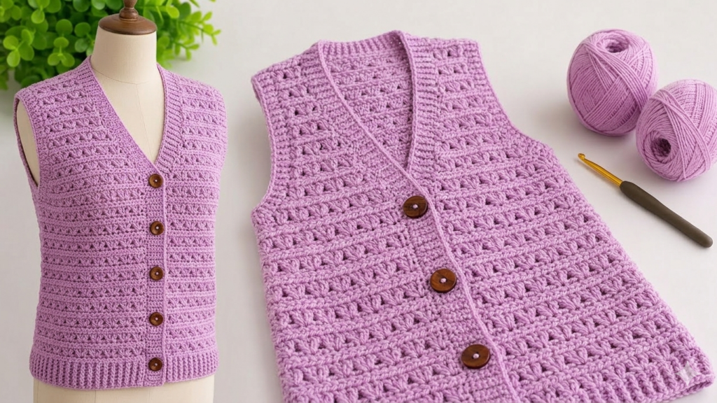 Şık kadın yelek tığ işi örgü modeli modern el yapımı crochet yelek örneği
