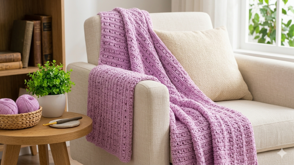 Şık koltuk şalı tığ işi örgü modeli dekoratif ve yumuşak crochet şal örneği