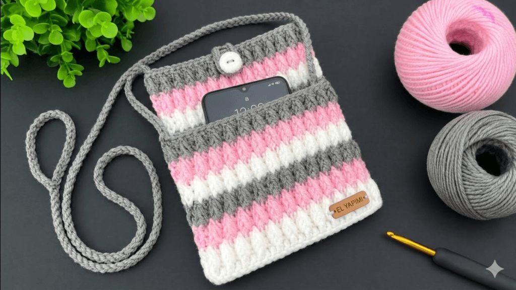 Şık ve kullanışlı el yapımı tığ işi telefon çantası modeli