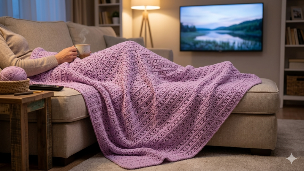 Şık TV battaniyesi tığ işi örgü modeli yumuşak ve dekoratif crochet battaniye örneği