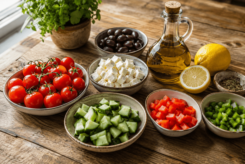 Akdeniz salatası için gerekli taze sebzeler ve diğer malzemeler