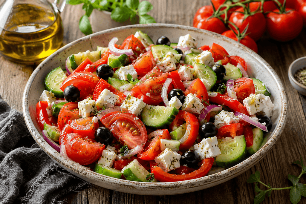 Sağlıklı ve düşük kalorili Akdeniz salatası sunumu