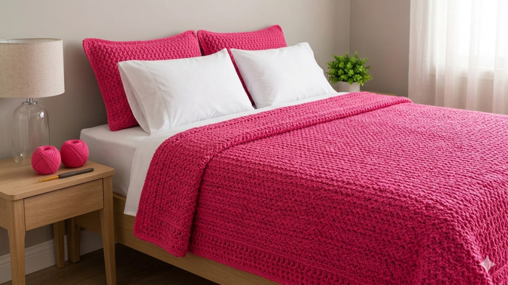 Şık çift kişilik yatak örtüsü tığ işi crochet modeli dekoratif ve zarif el yapımı örgü yatak örtüsü örneği