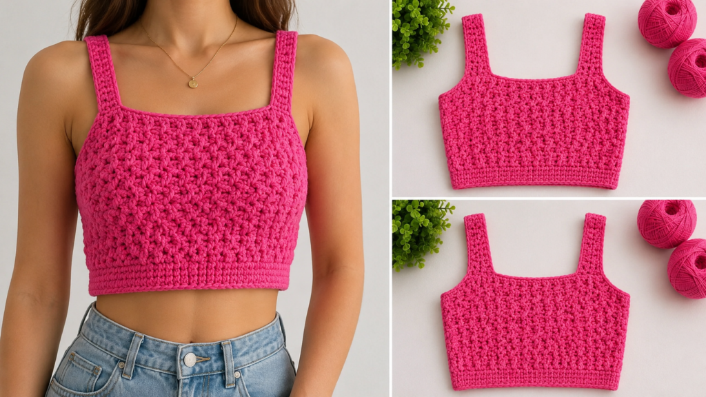Şık kadın crop top tığ işi crochet modeli modern yazlık el yapımı örgü üst örneği