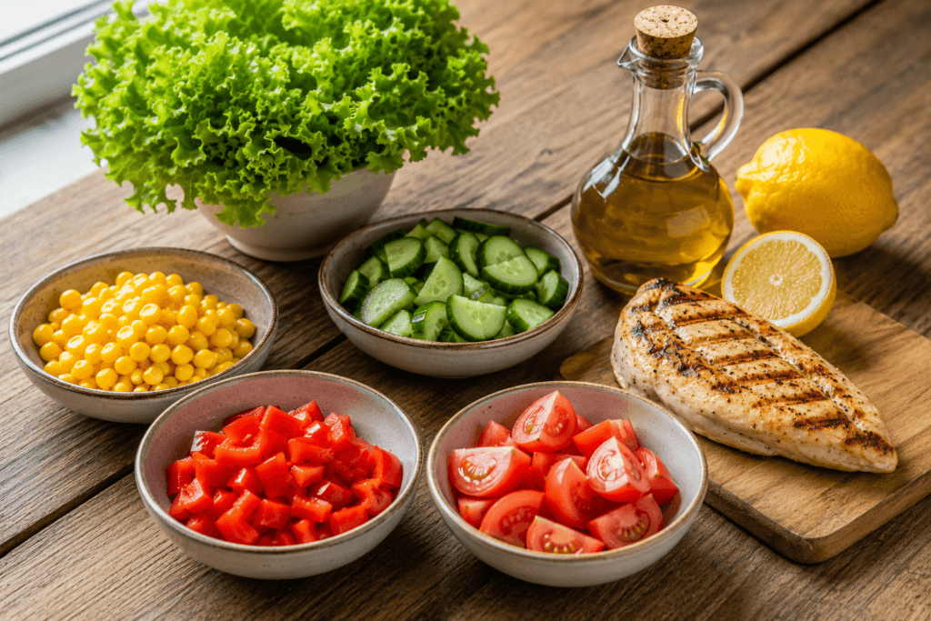 Proteinli tavuklu salata için gerekli sağlıklı malzemeler