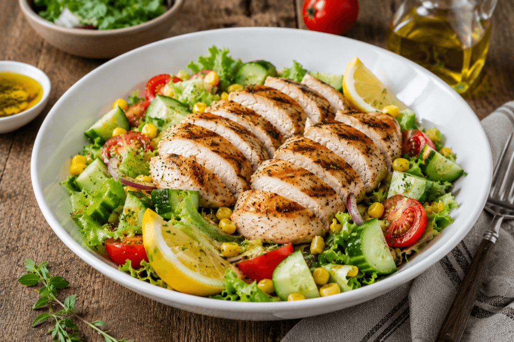 Proteinli, sağlıklı ve düşük kalorili tavuklu salata sunumu